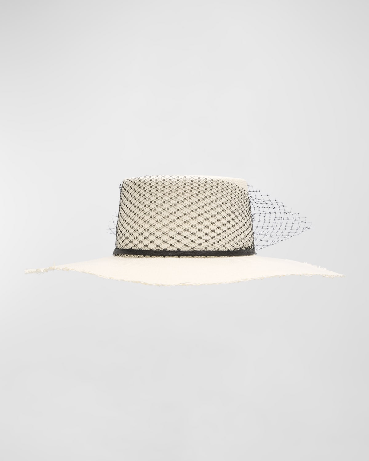 Shop Sensi Studio Glamour Veiled Straw Large Brim Hat In White Straw Black Leather