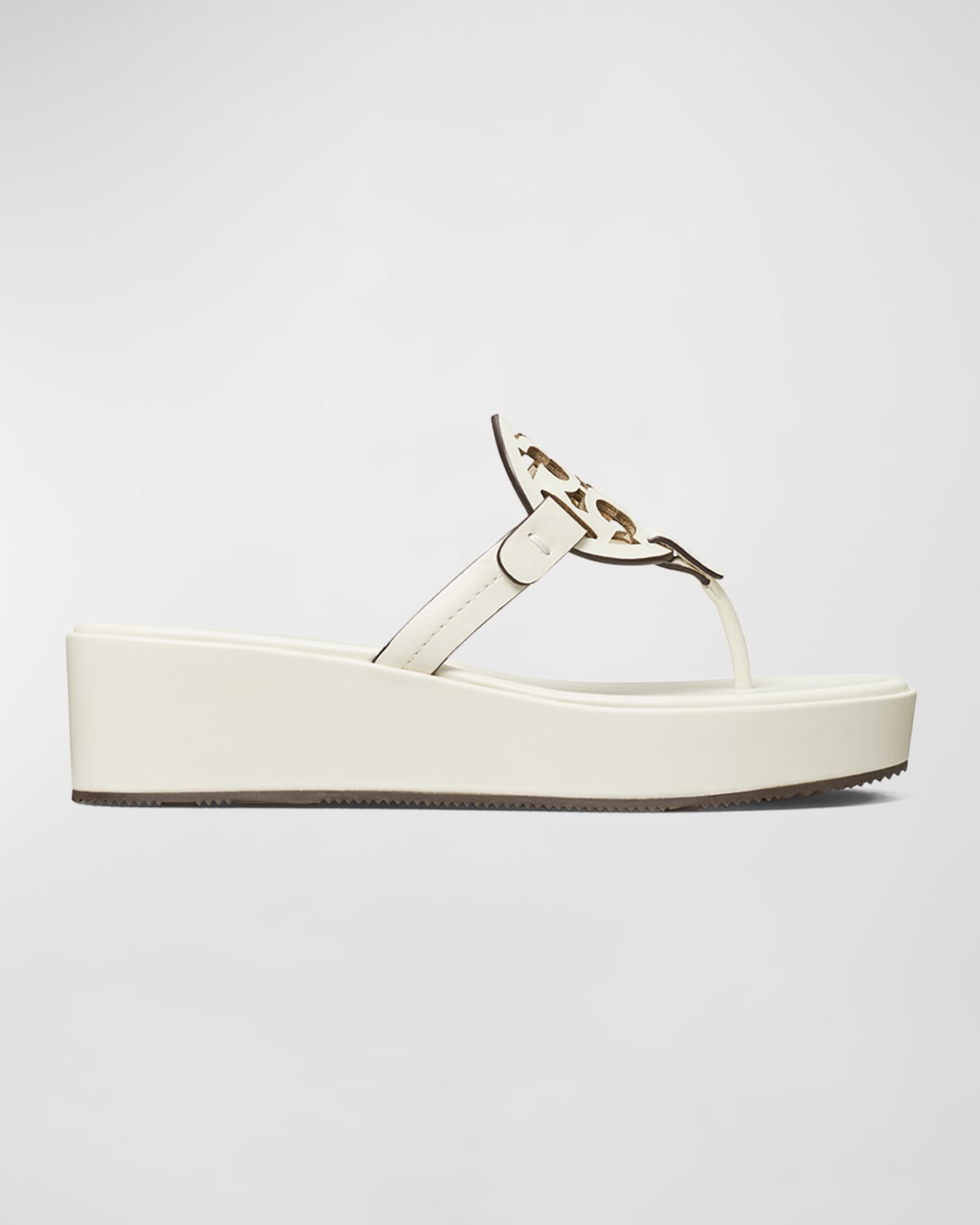 Shop Tory Burch Miller Leather Logo Wedge Thong Sandals In New Ivory