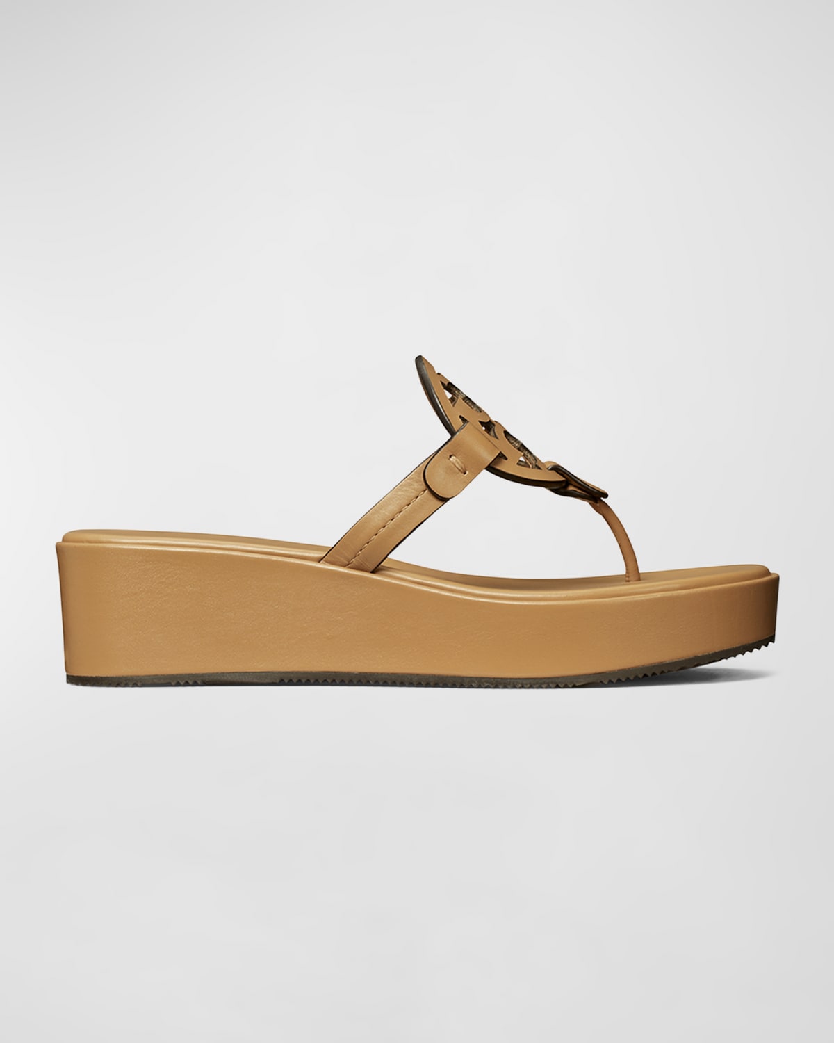 Shop Tory Burch Miller Leather Logo Wedge Thong Sandals In Ginger Shortbread
