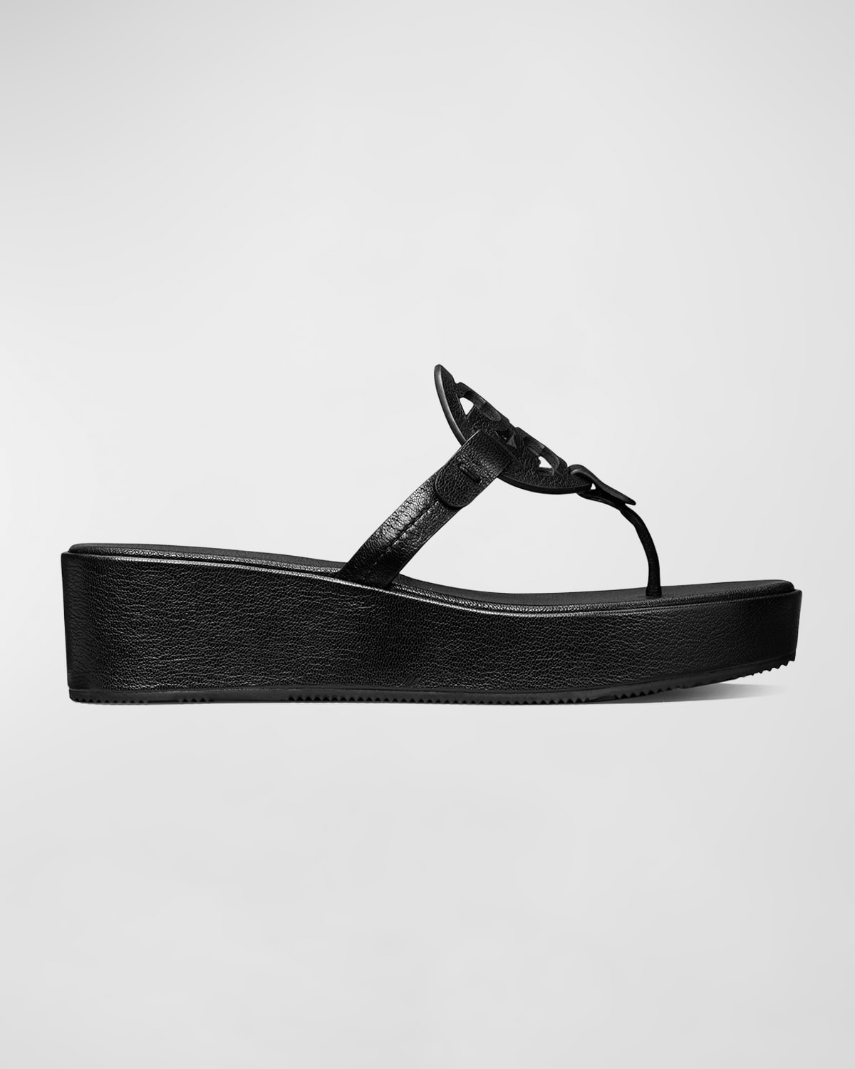 Shop Tory Burch Miller Leather Logo Wedge Thong Sandals In Perfect Black