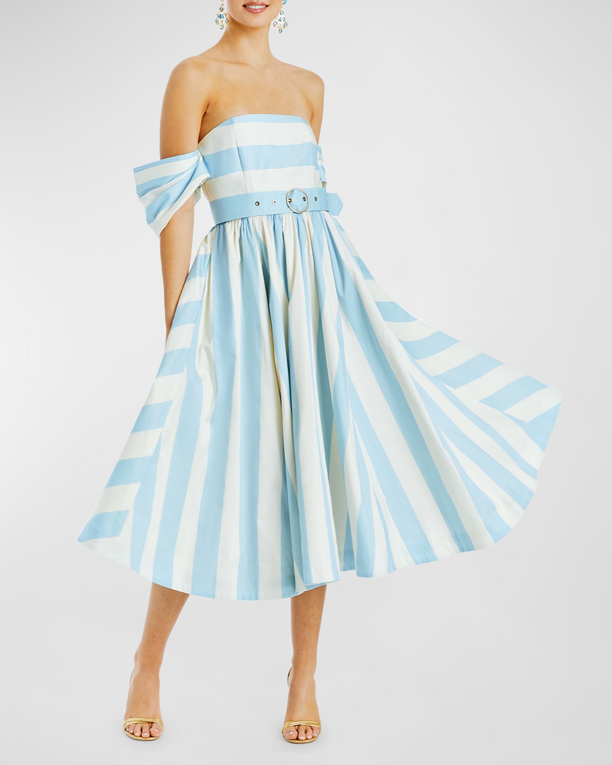 Shop Mestiza New York Odette Striped Off-shoulder Midi Dress In Blue Stripe