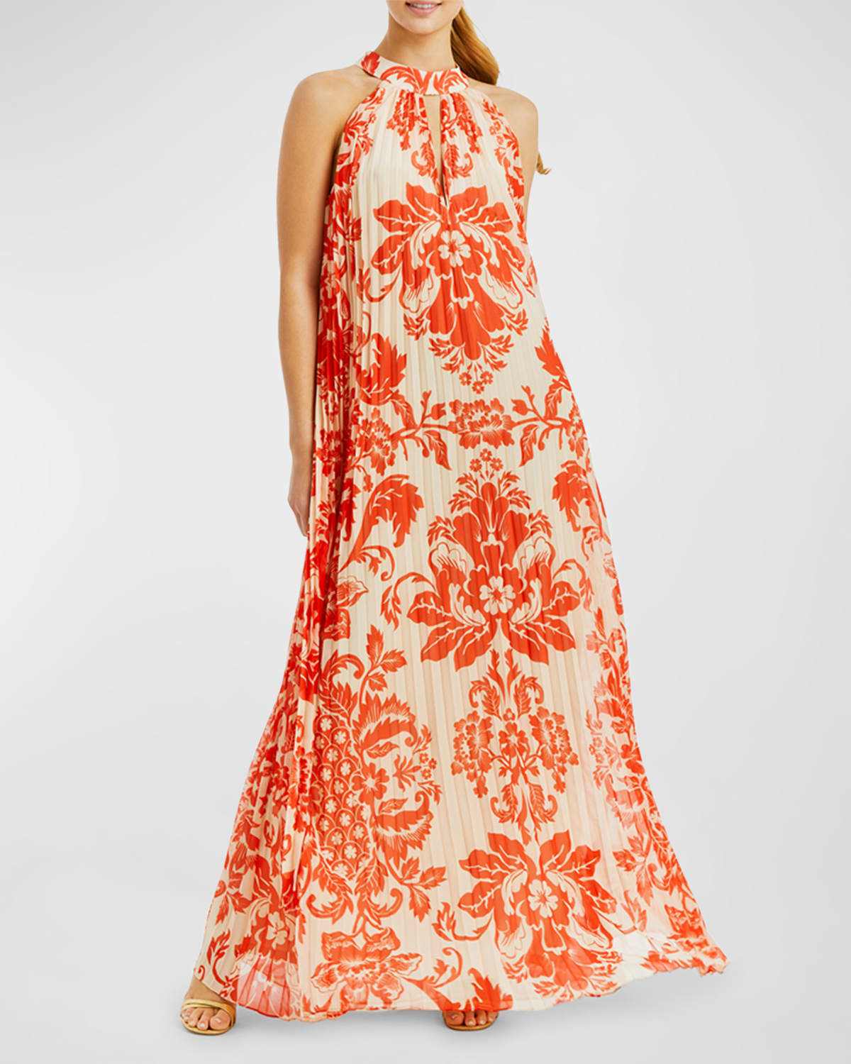 Almeria Pleated Floral-Print Halter Gown