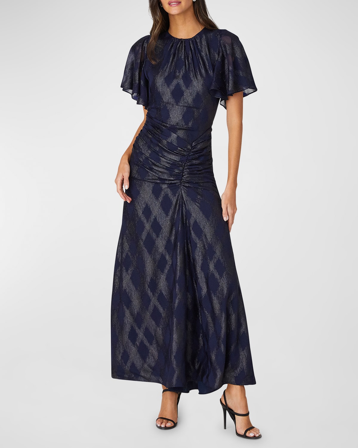 Shop Shoshanna Flutter-sleeve Metallic Chiffon Maxi Dress In Navy