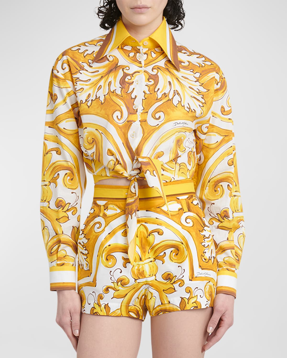 Shop Dolce & Gabbana Maiolica Brocade Print Cropped Button-front Shirt In Yellow Prt