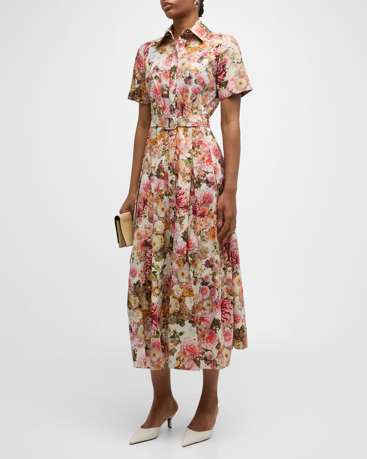 Leighton Floral-Print Short-Sleeve Belted Midi Shirtdress