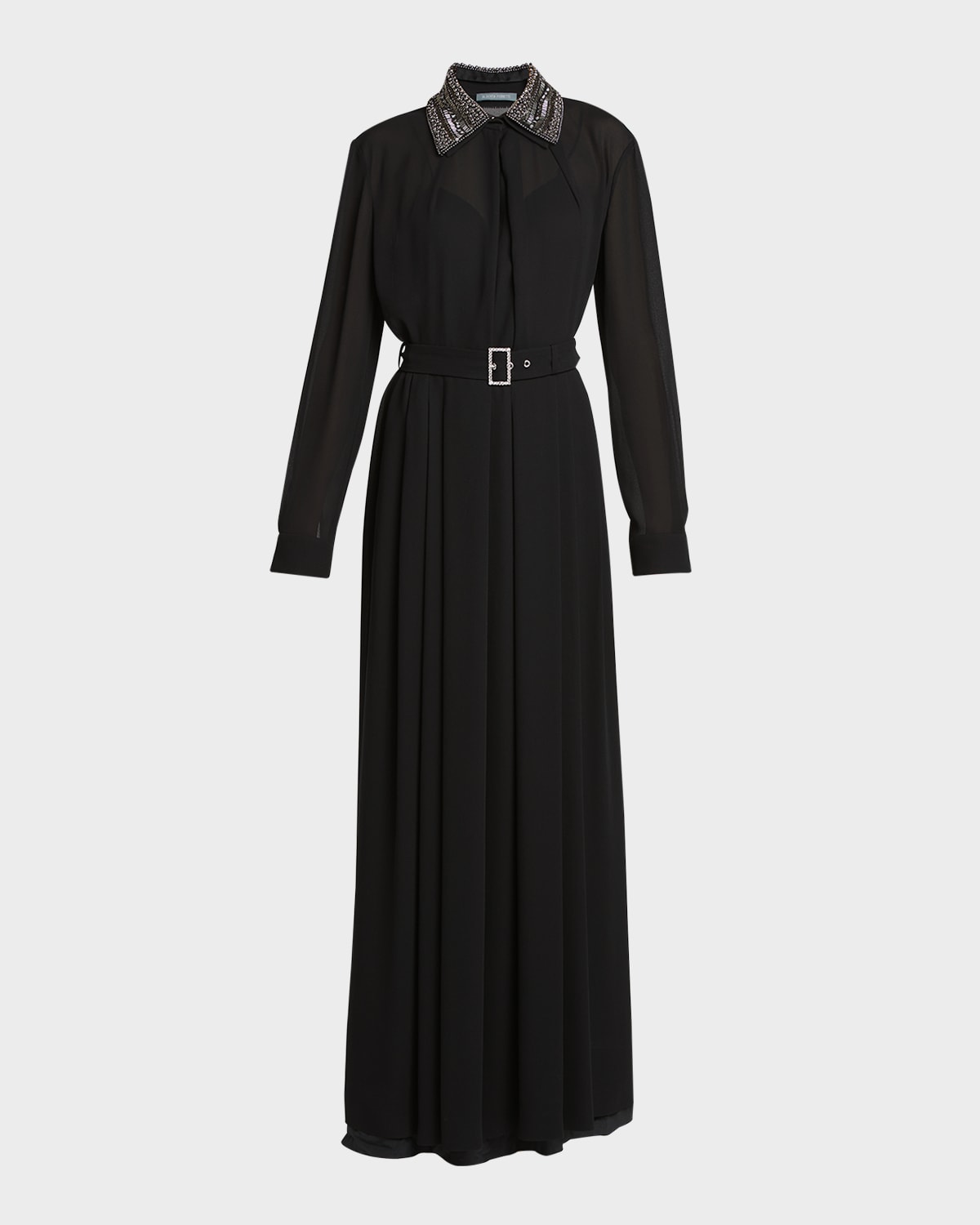Alberta Ferretti Long .chemisier With Beads Embellished Collar In Semi Sheer Fabric Woman In Black