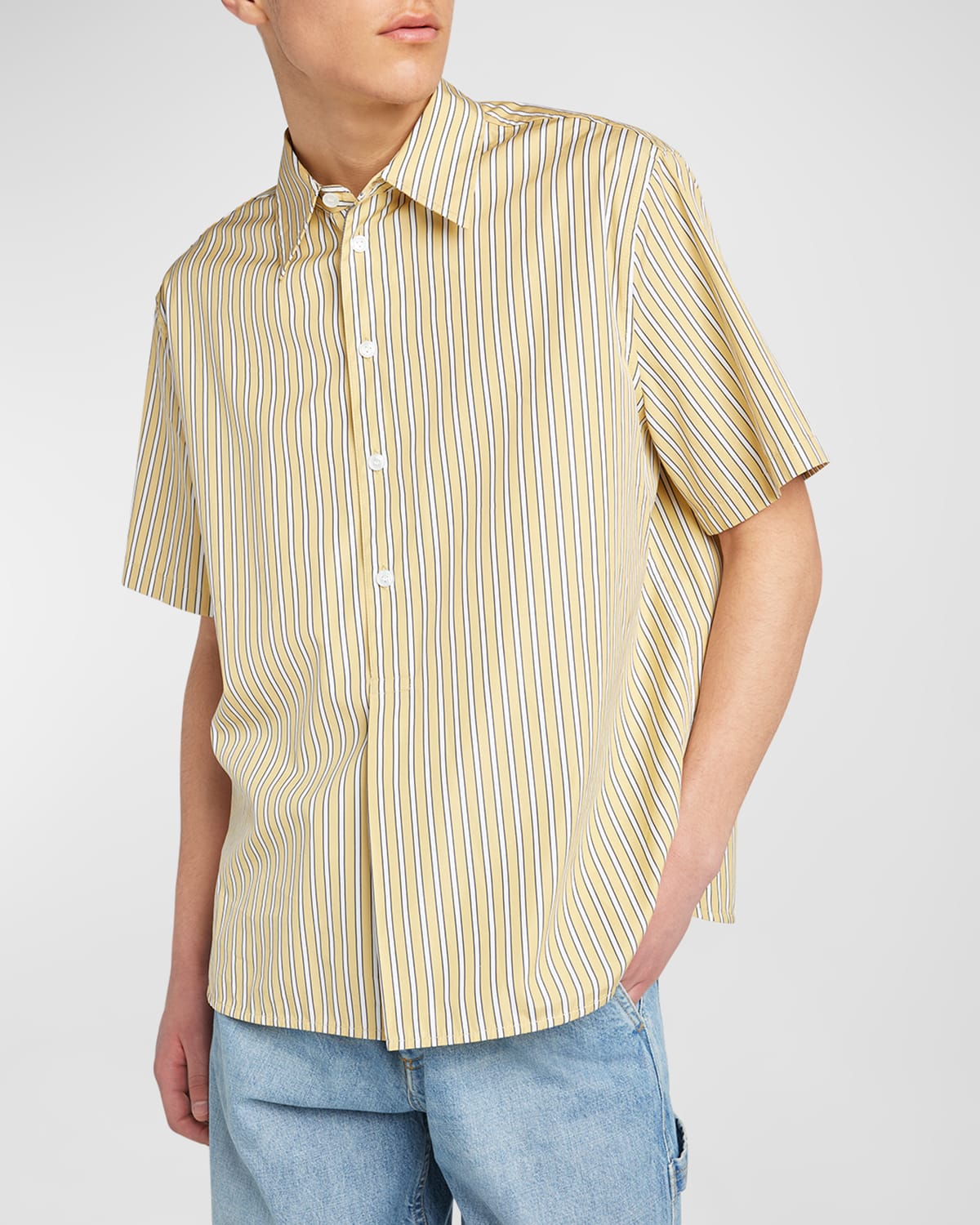 Shop Bottega Veneta Men's Outline Stripe Poplin Sport Shirt In Celadon