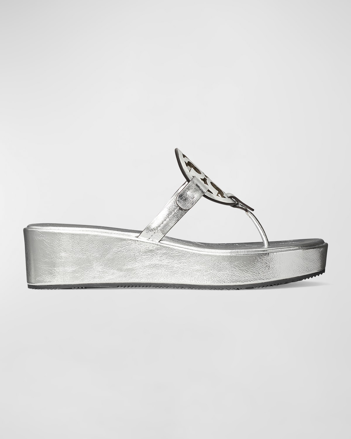 Shop Tory Burch Miller Metallic Logo Wedge Thong Sandals In Silver