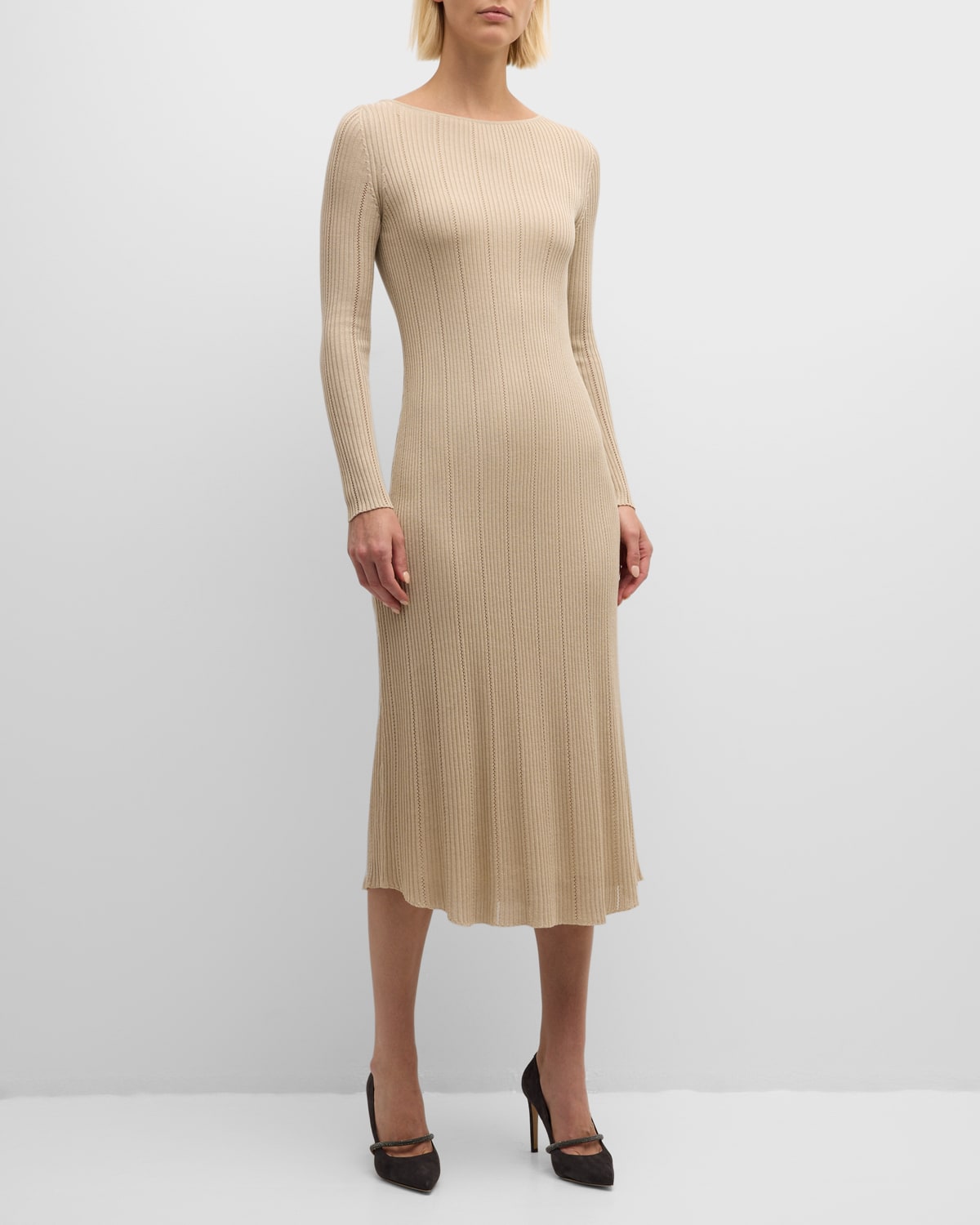 Pointelle Ribbed-Knit Midi Dress