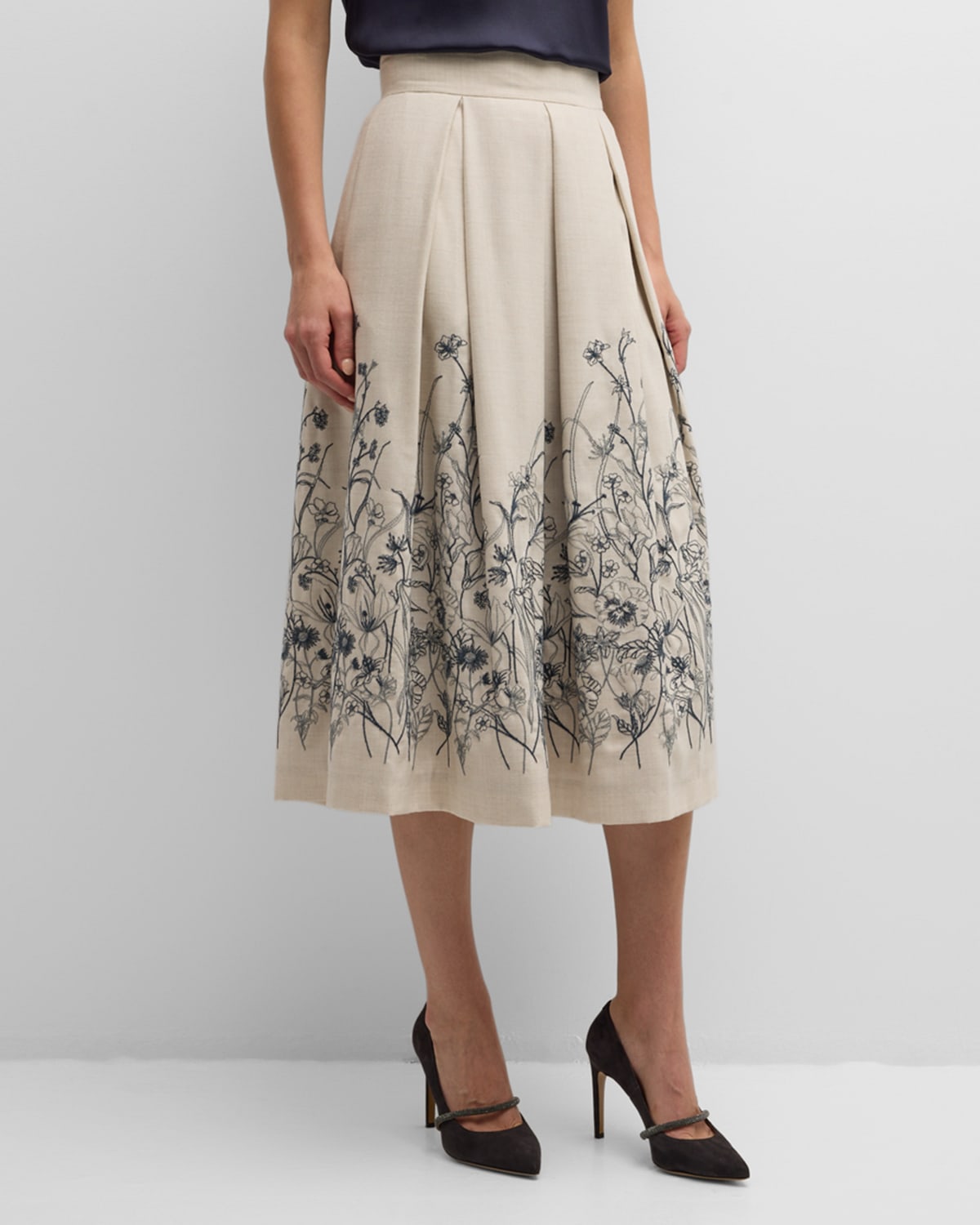 Pleated Floral-Embroidered Midi Skirt