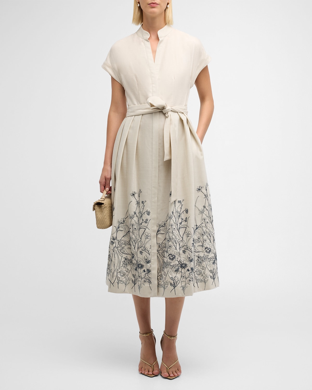 Pleated Floral-Embroidered Midi Dress