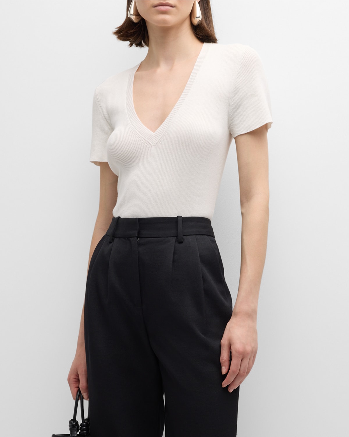 Nili Lotan Italia V-neck Short-sleeve Cotton Sweater In White