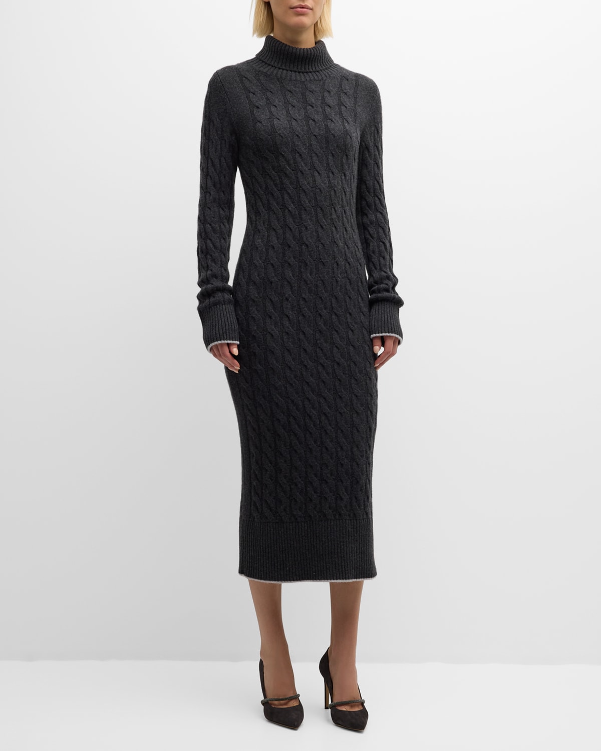 Turtleneck Cable-Knit Midi Sweater Dress