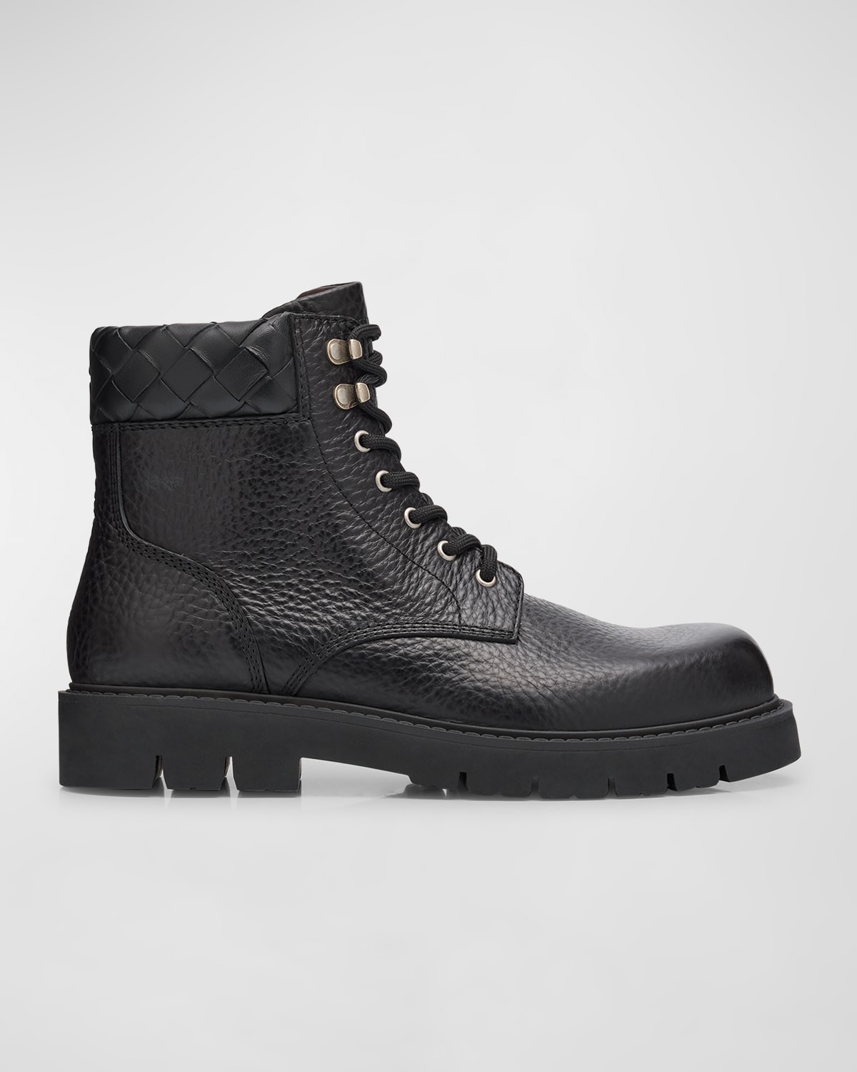 Bottega Veneta Black Grained Calf Leather Haddock Lace Up Ankle Boots In Nero-nero
