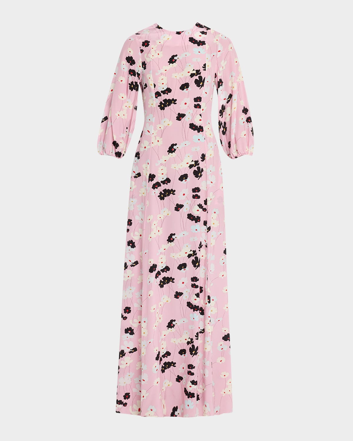 Bernadette Roxette Long Floral Silk Dress In Cosmos Ivory And Black On Soft Pink