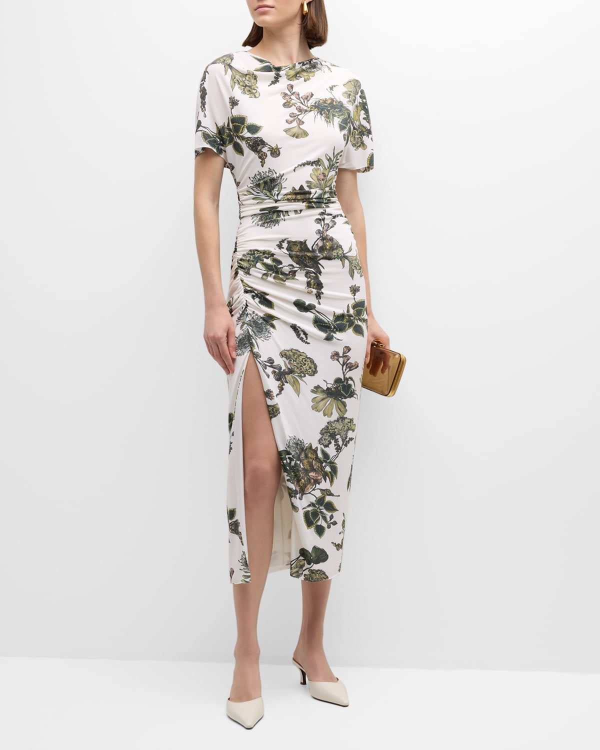 Shop Jason Wu Collection Floral Ruched Jersey Midi Dress With High Slit In Chalk Multi