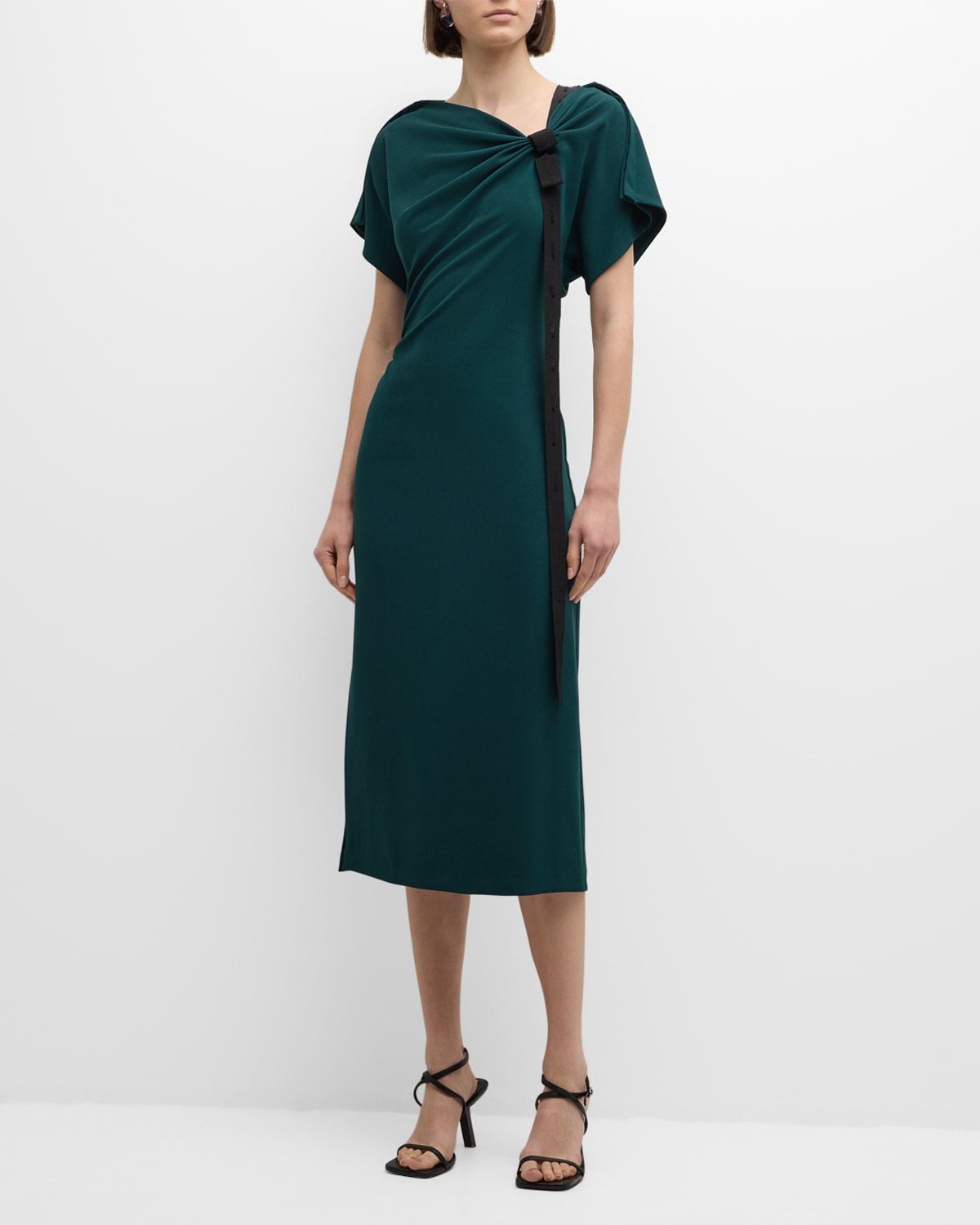 Shop Jason Wu Collection Draped Fluid Crepe Midi Dress With Tie Detail In Hunter Green