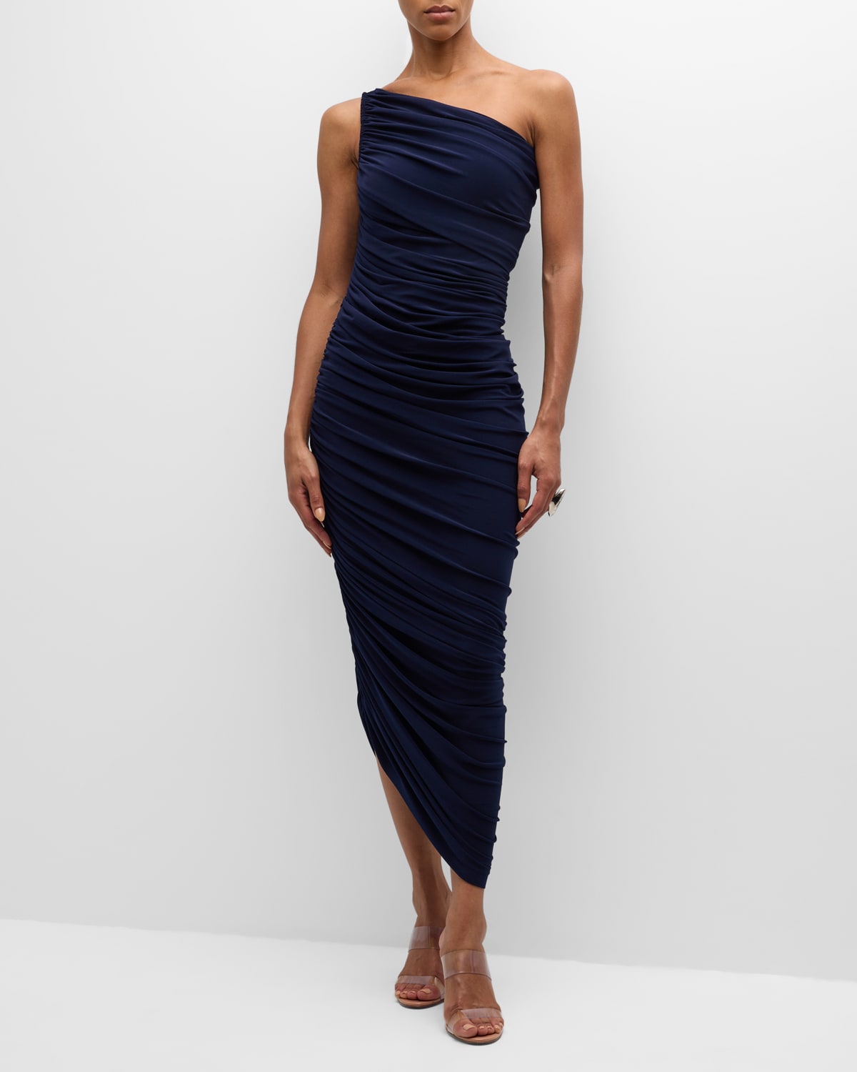 Shop Norma Kamali Diana Shirred One-shoulder Gown In True Navy