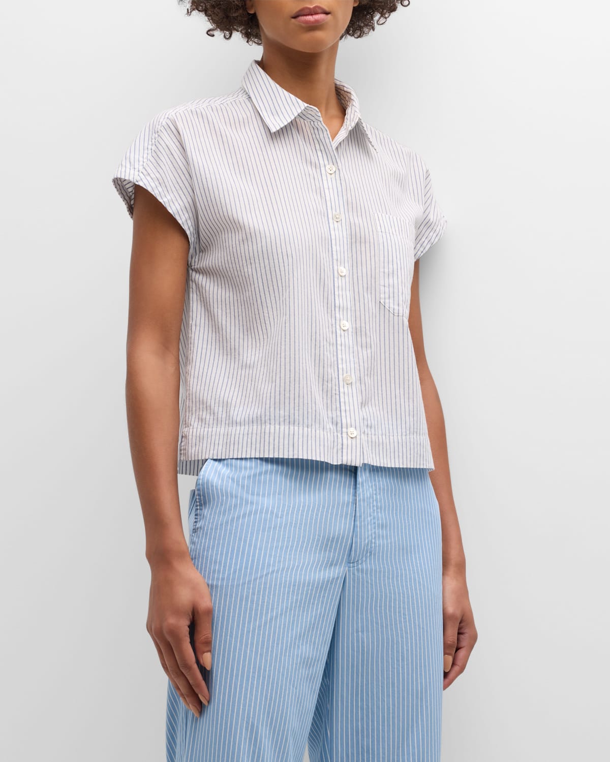 Pinstripe Cotton Point-Collar Short-Sleeve Shirt