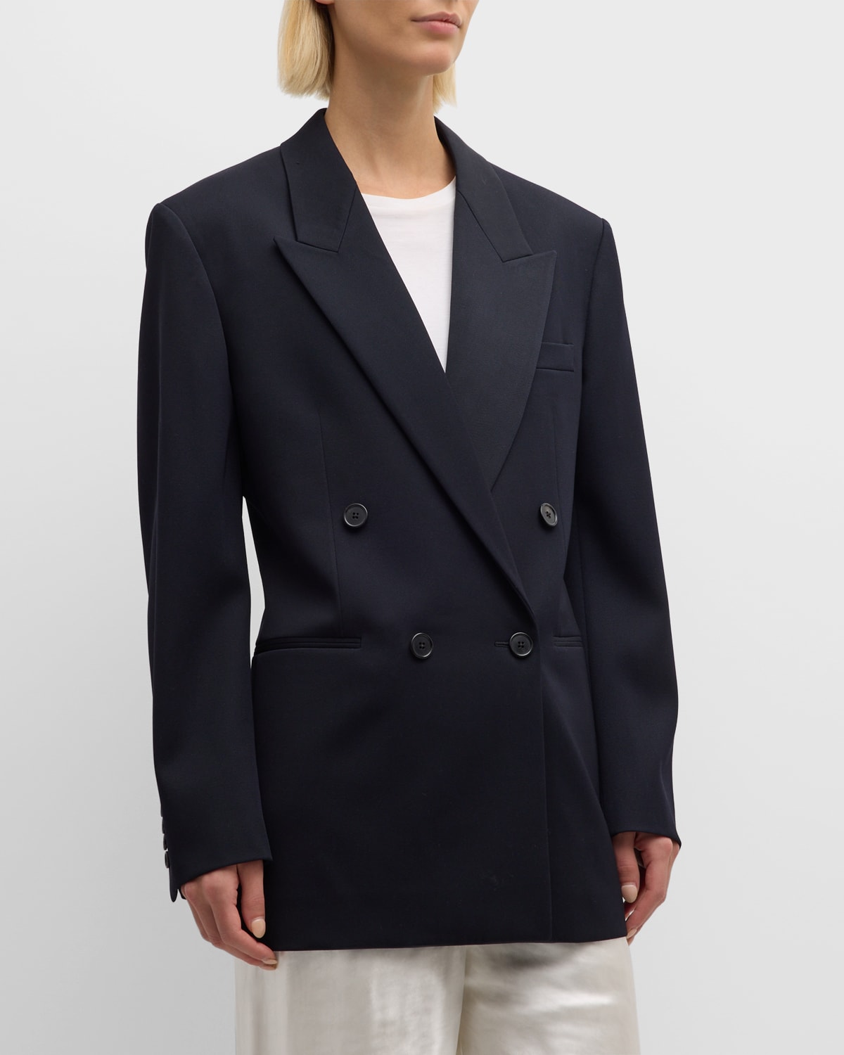 The Row Lela Oversized Wool Twill Double-breasted Jacket In Blue