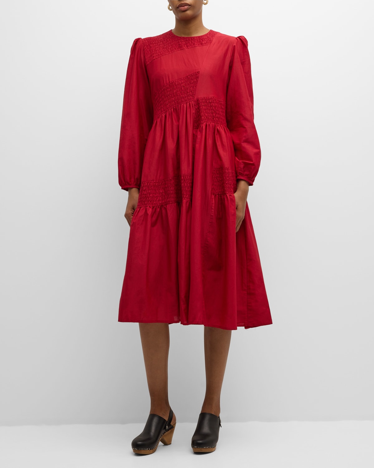 Lovebirds Smocked Blouson-sleeve Midi Dress In Red