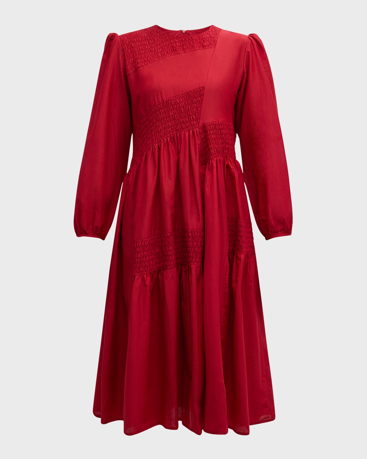 Lovebirds Smocked Blouson-sleeve Midi Dress In Red