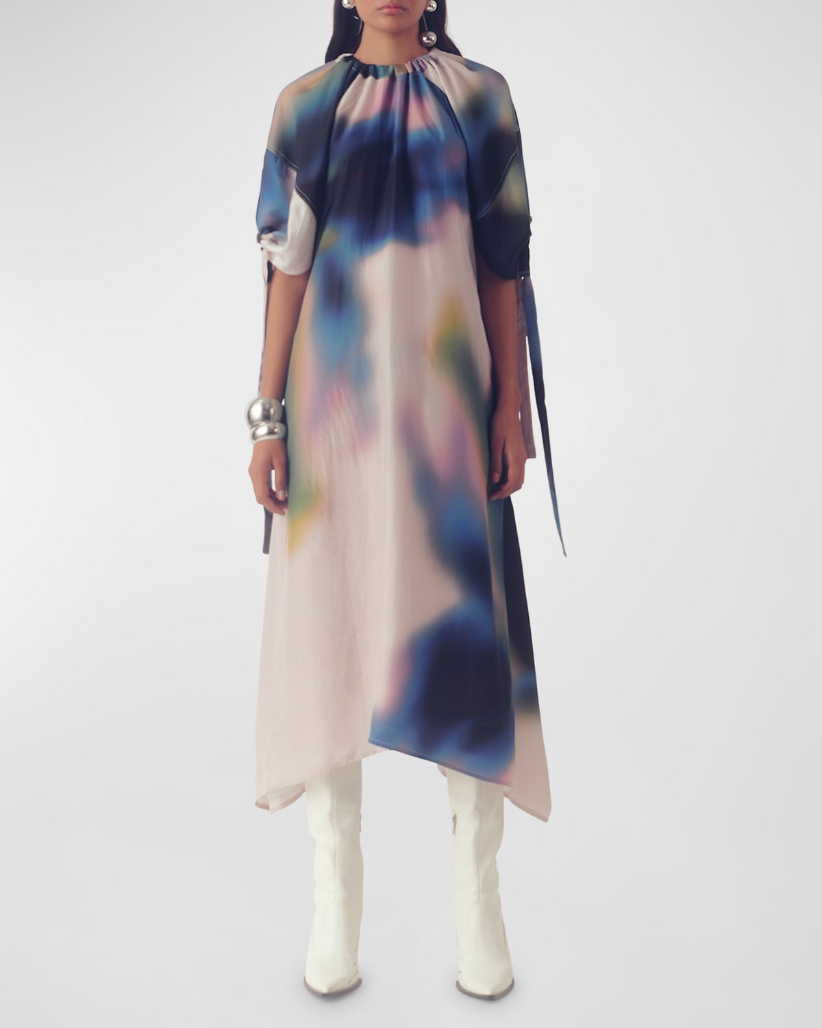 Hydrangea Blouson-Sleeve Silk Midi Dress