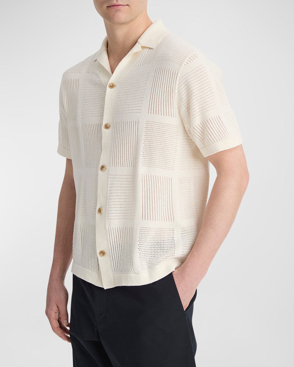Vince Patchwork Pointelle Short Sleeve Cardigan In Classic Cream