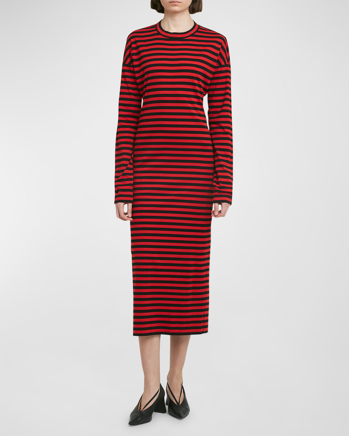 Shop Plan C Striped Long-sleeve Midi T-shirt Dress In Red Striped