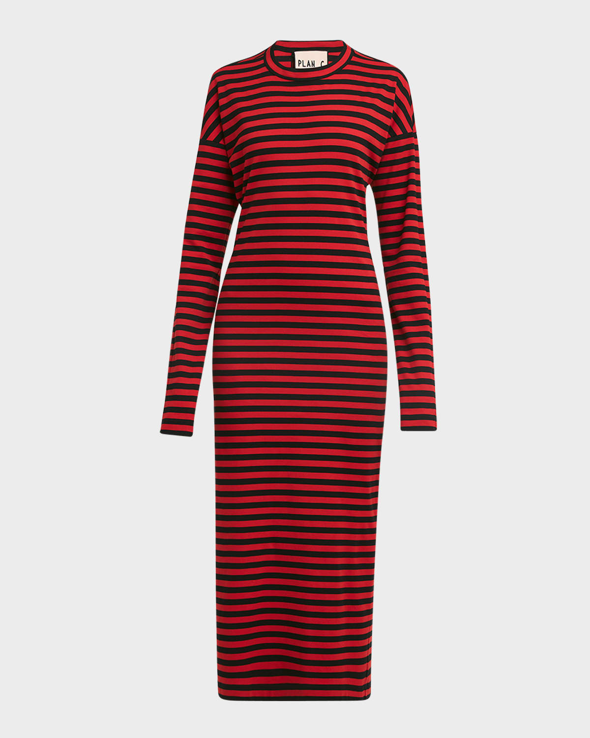 Shop Plan C Striped Long-sleeve Midi T-shirt Dress In Red Striped