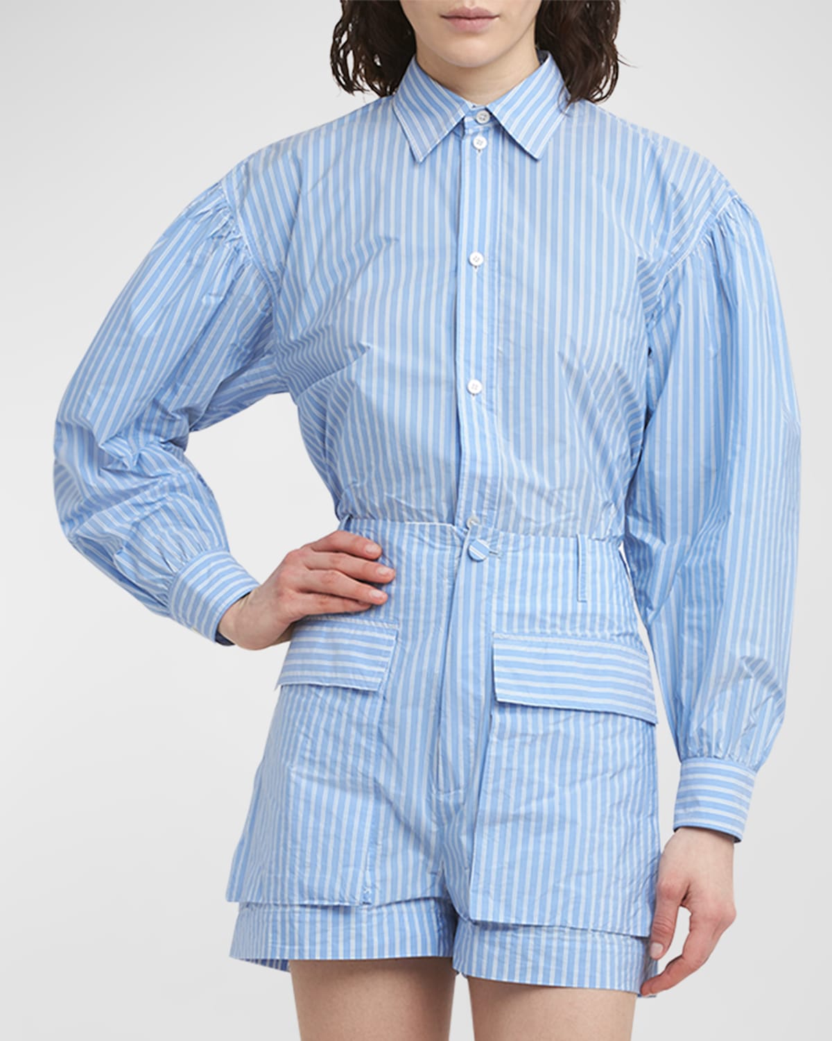 Shop Plan C Striped Blouse-sleeve Button-front Shirt In Blue Stripe