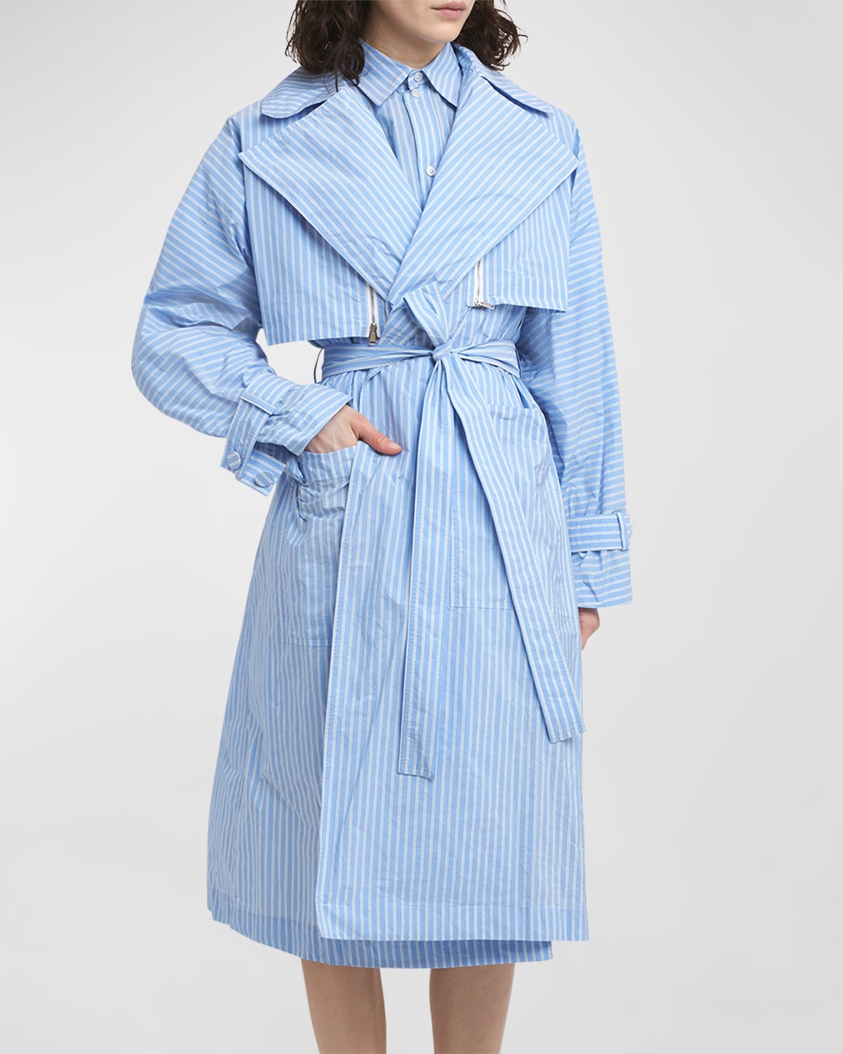 Plan C Striped Belted Long Trench Coat In Blue