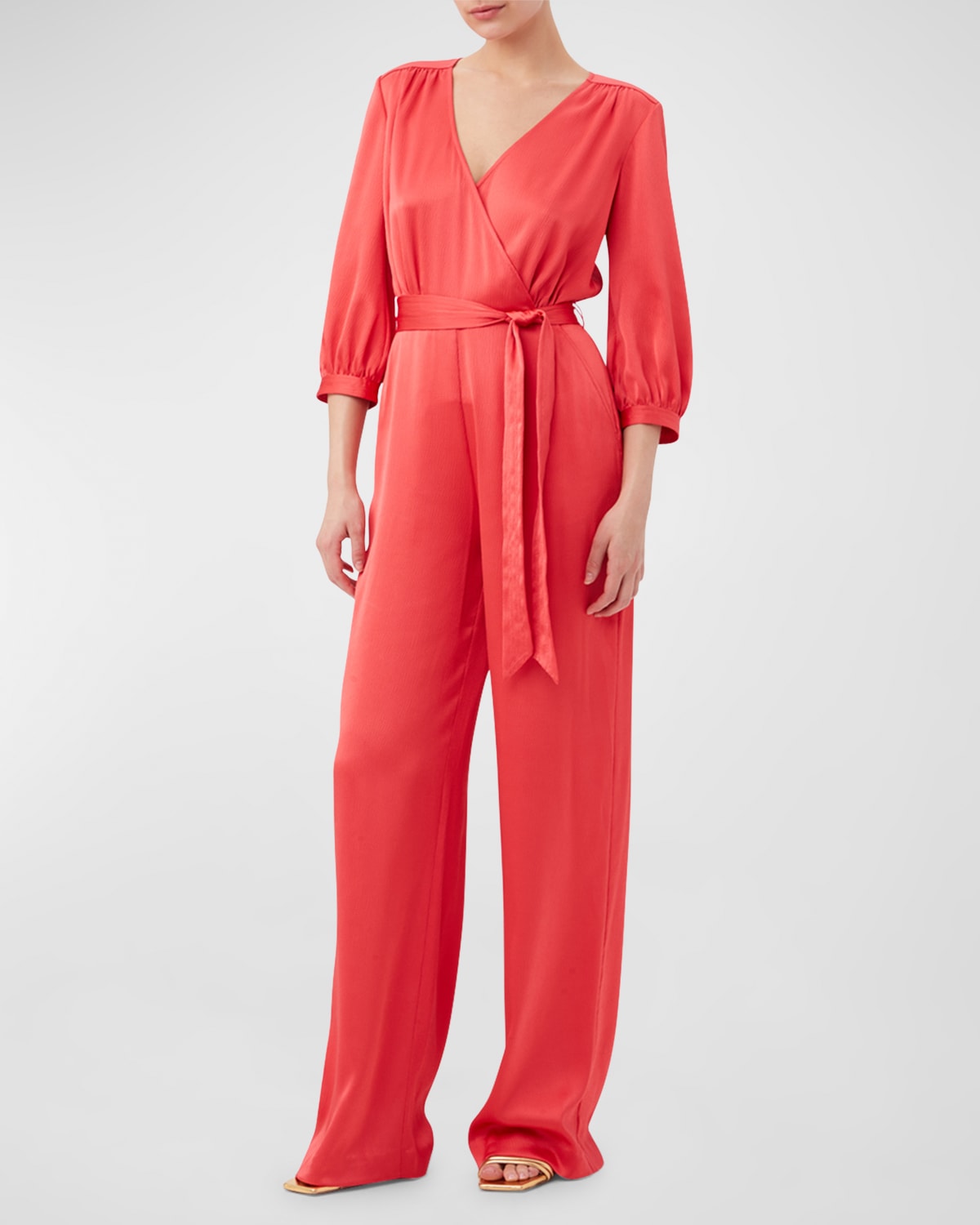 Shop Trina Turk Mineral Belted Blouson-sleeve Jumpsuit In Capri Coral