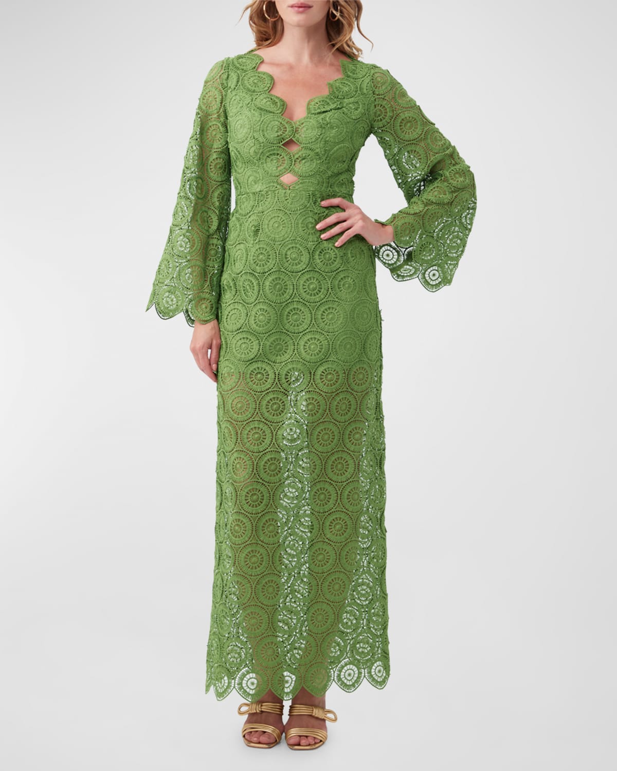 Shop Trina Turk Pahala Scalloped Geometric Lace Maxi Dress In Hula Green