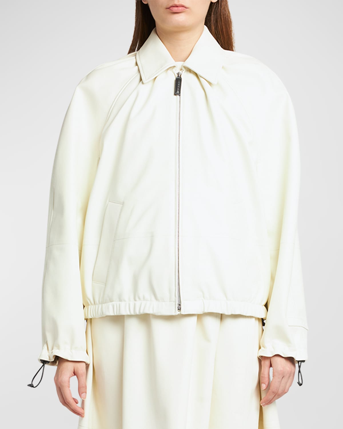 Shop Marni Gathered Collar Leather Zip Jacket In Ivory