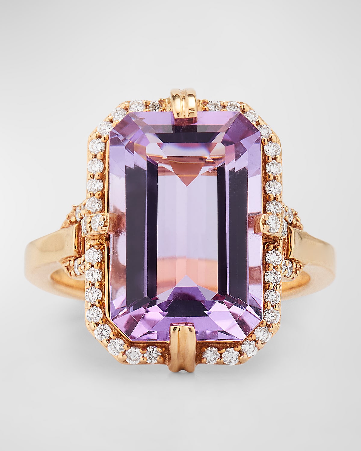 Gossip 10x15mm Emerald Cut Lavender Amethyst Ring with Diamonds in 18K Pink Gold