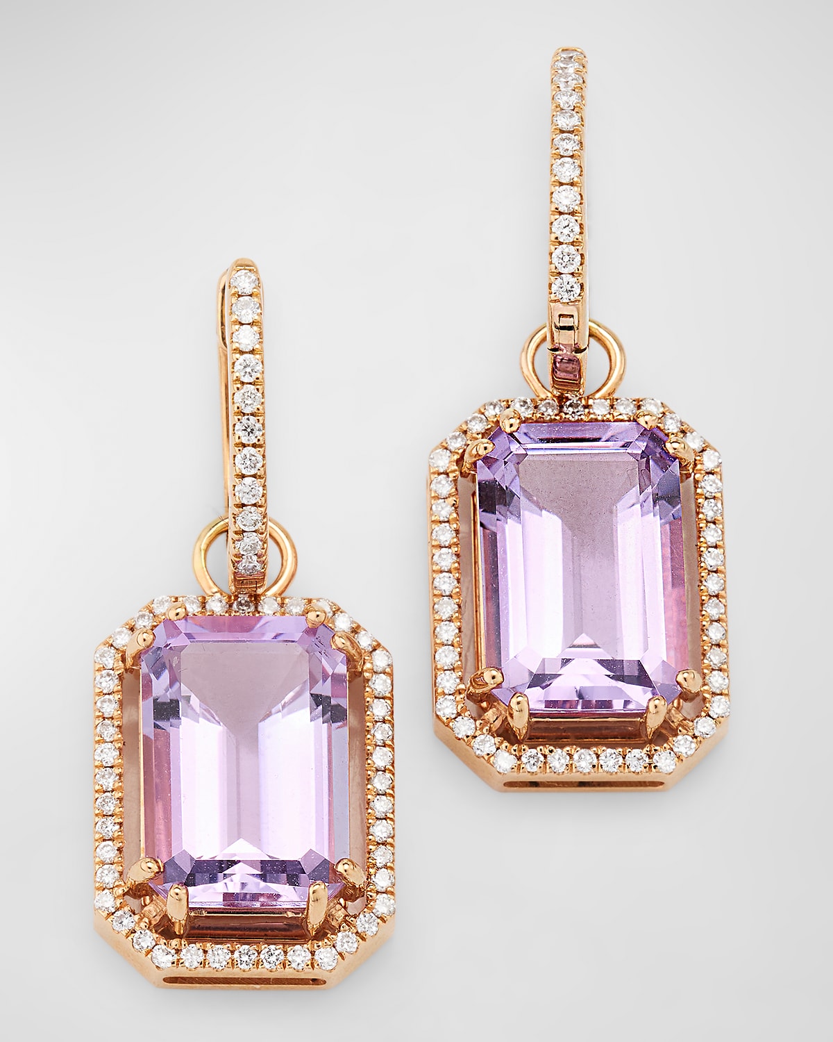 Gossip 12x8mm Emerald Cut Lavender Amethyst and Diamond Earrings in 18K Pink Gold