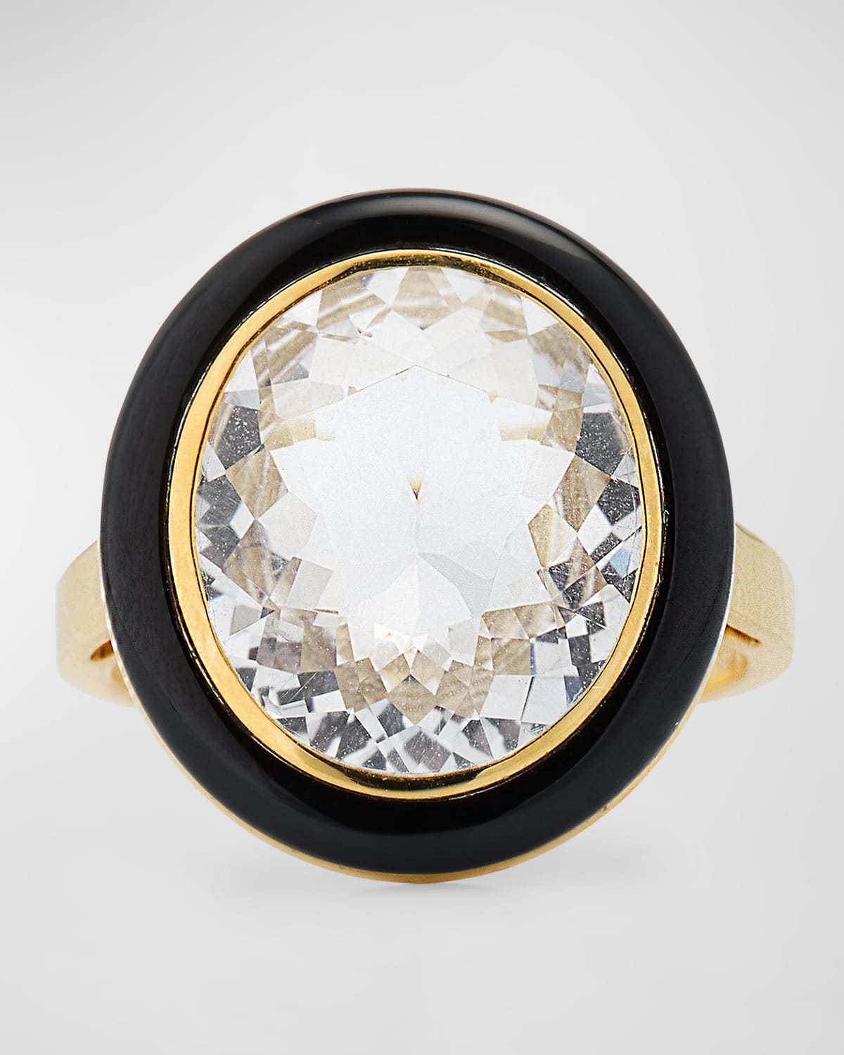 Melange 13.6x11.5mm Rock Crystal and Onyx Oval Ring in 18K Yellow Gold