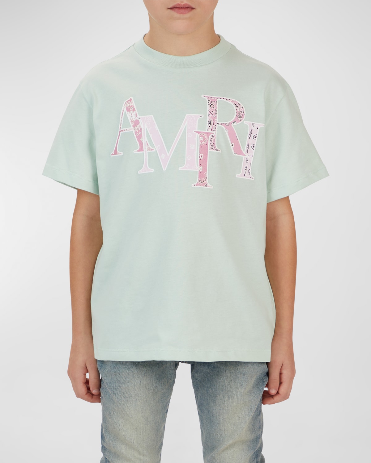 Shop Amiri Boy's Bandana-print Staggered Logo-print T-shirt In Surf Spray