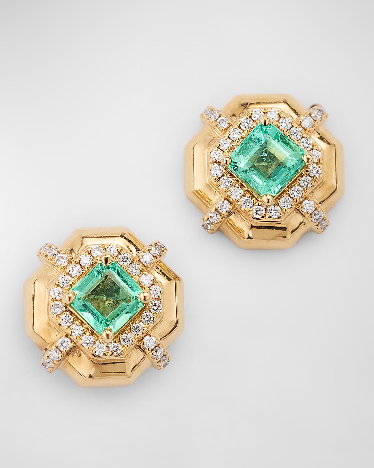 G-Classics' 4mm Asscher Cut Emerald Earrings with Diamonds In 18K Yellow Gold