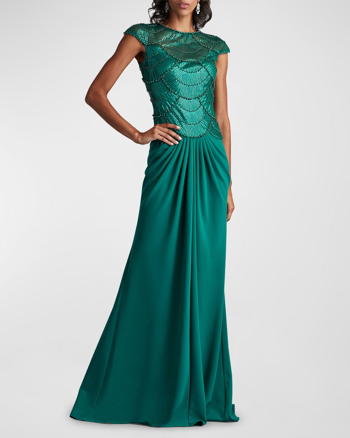 Pleated Bead & Sequin Crepe Gown