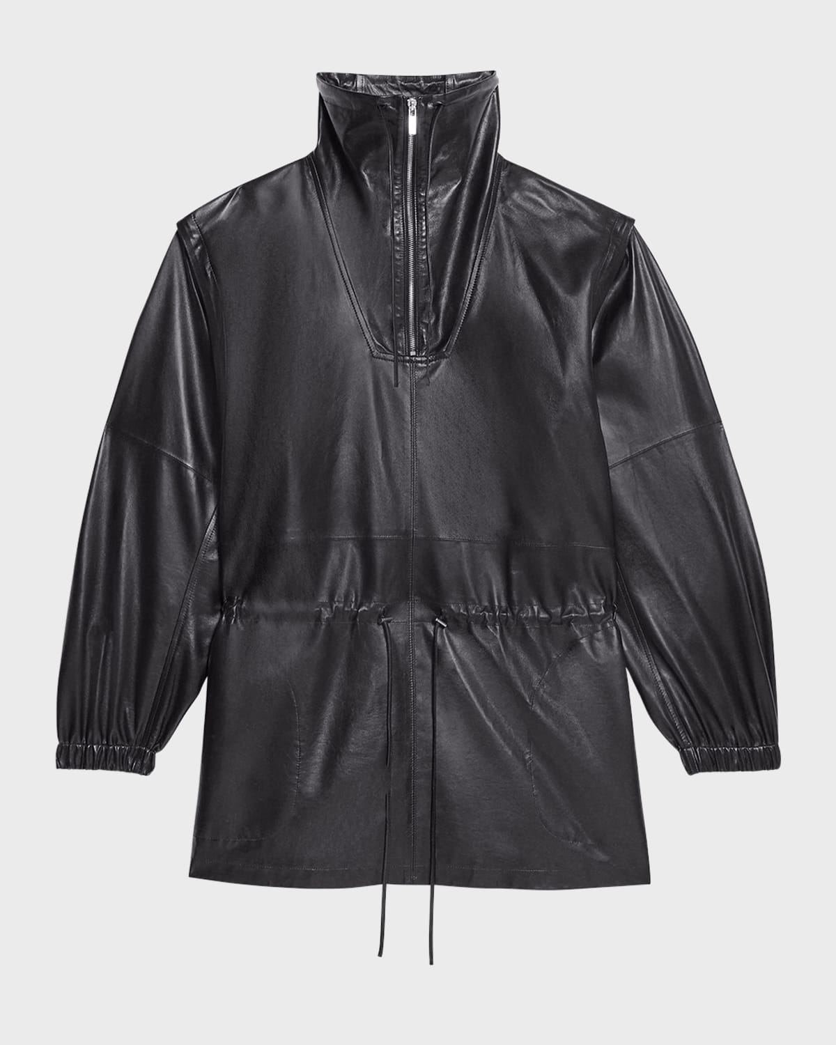 Helmut Lang Leather Drawstring Coat With Removable Sleeves In Black