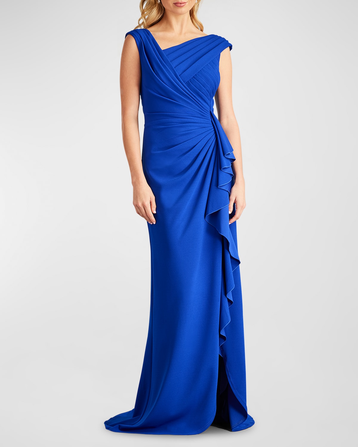 Shop Tadashi Shoji Sleeveless Asymmetric Crepe Gown In Mystic Blue
