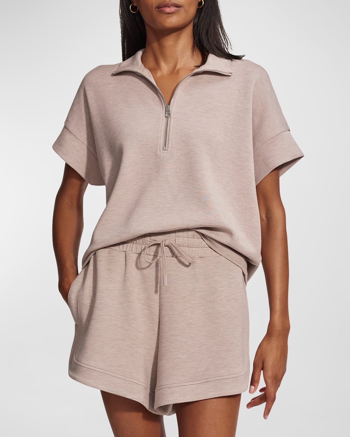Shop Varley Ritchie Short-sleeve Half-zip Sweatshirt In Taupe Marl