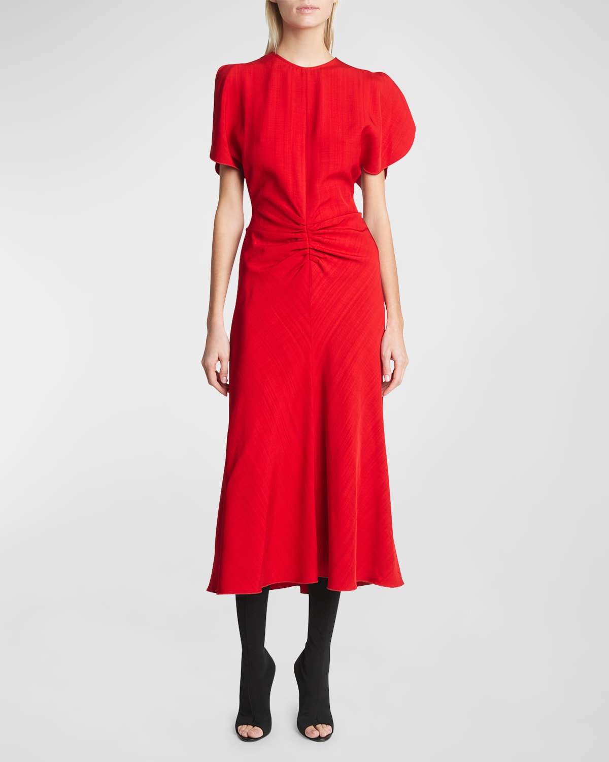 Shop Victoria Beckham Gathered-waist Short-sleeve Midi Dress In Carmine