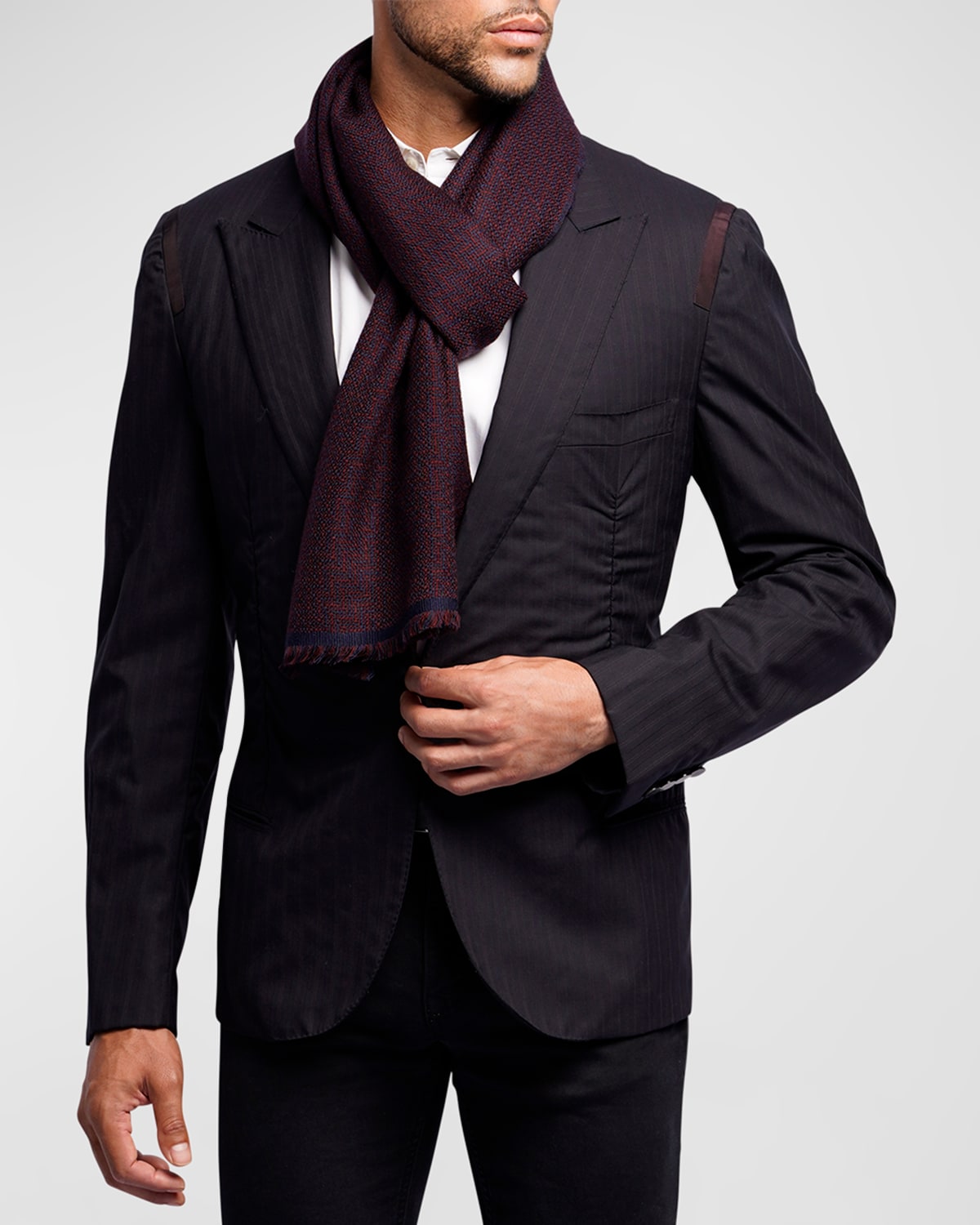 Shop Ian Saude Men's Merino Wool Geometric Jacquard Scarf In Navy &amp; Italian Brown