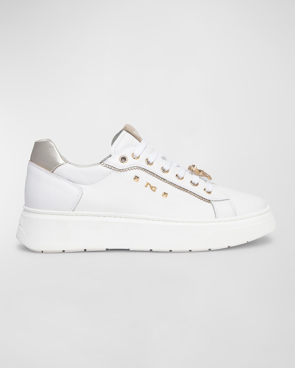 Shop Nerogiardini Retro Mixed Leather Jeweled Low-top Sneakers In White