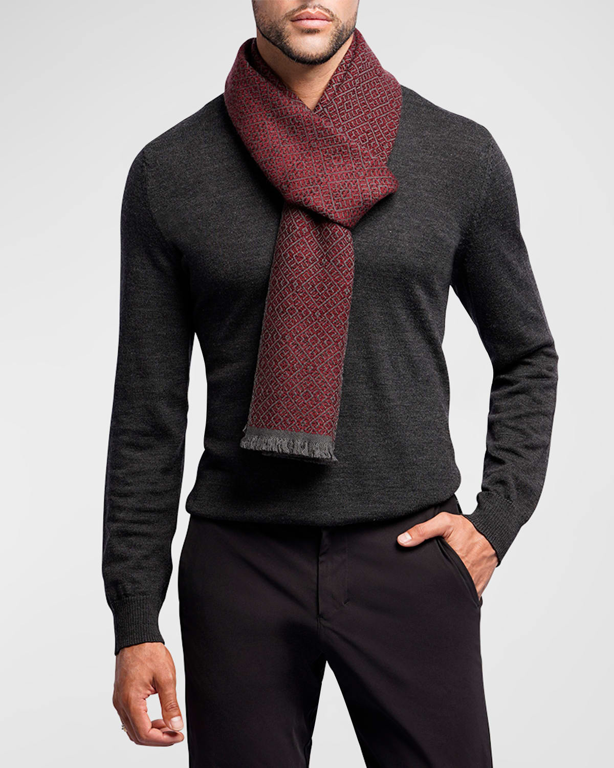 Shop Ian Saude Men's Wool-cashmere Geometric Jacquard Scarf In Claret