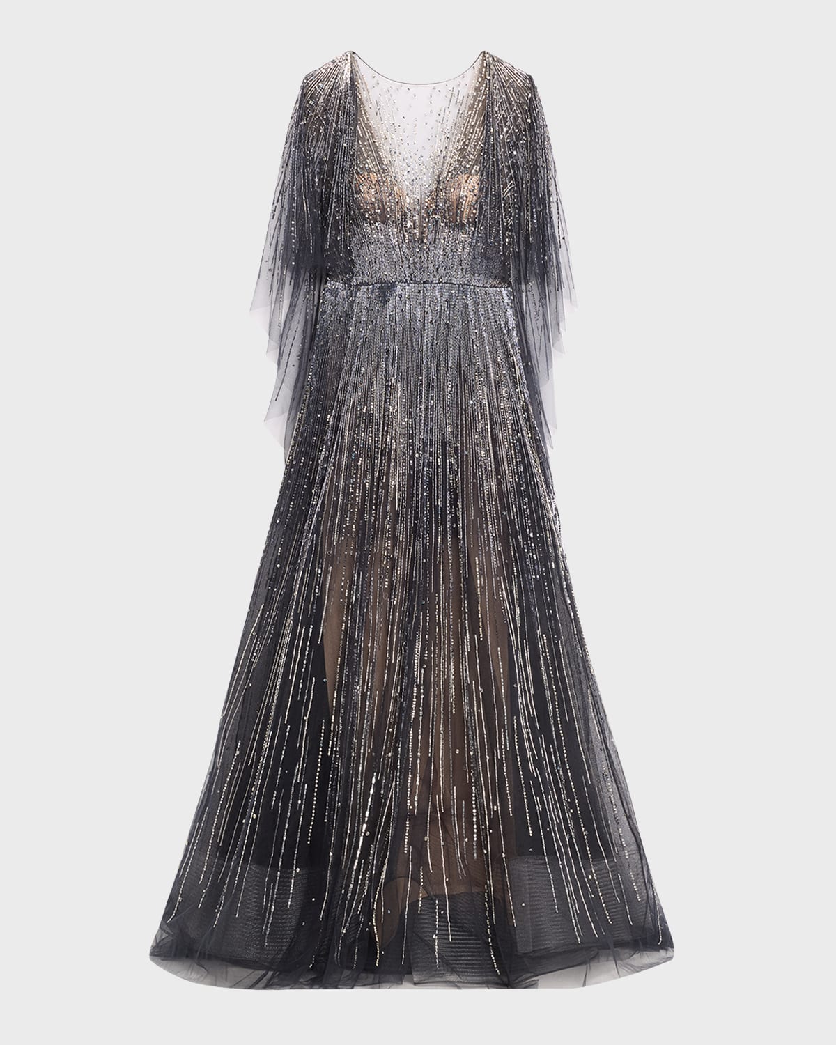 MARCHESA FULLY-EMBROIDERED GOWN WITH CAPE SLEEVES 