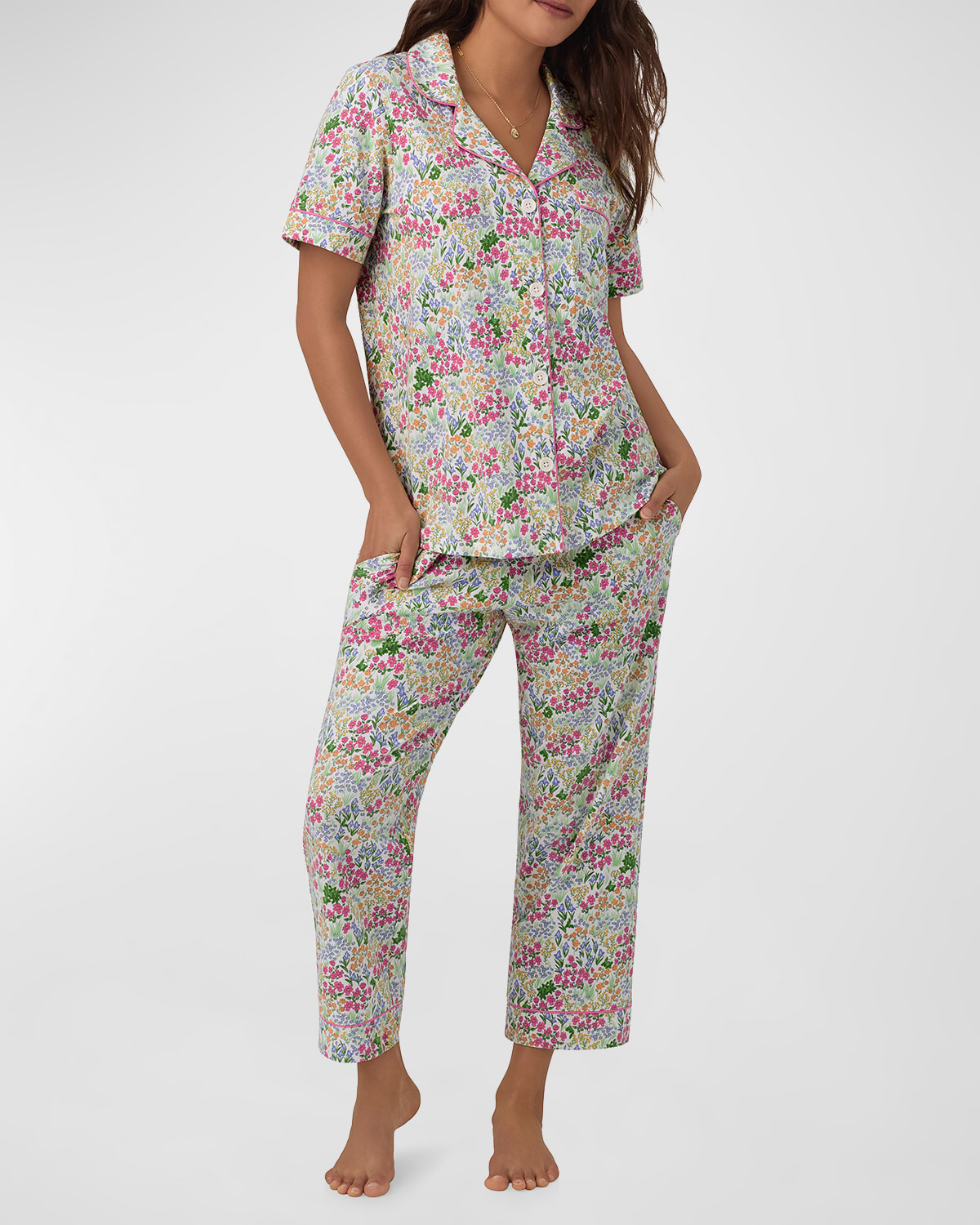 Shop Bedhead Pajamas Cropped Organic Cotton Jersey Pajama Set In Cottage Garden